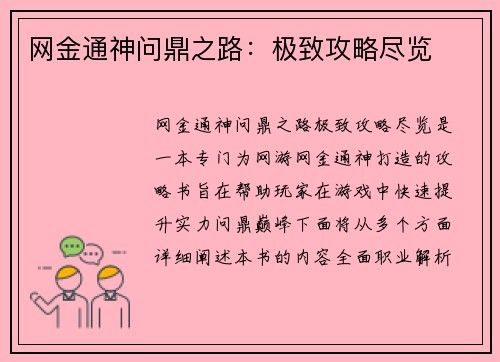 网金通神问鼎之路：极致攻略尽览